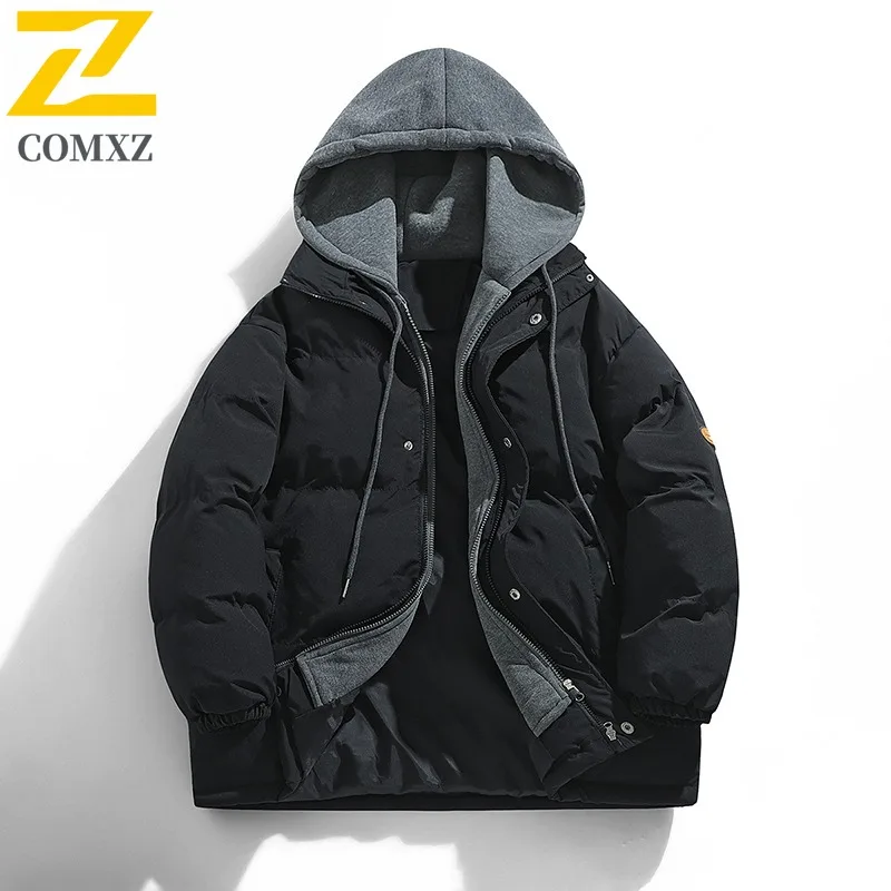 COMXZ Mens Hooded Layered Jacket Trendy Brand Cotton-Padded Coat Waterproof Windproof breathable lightweight windbreaker 2025