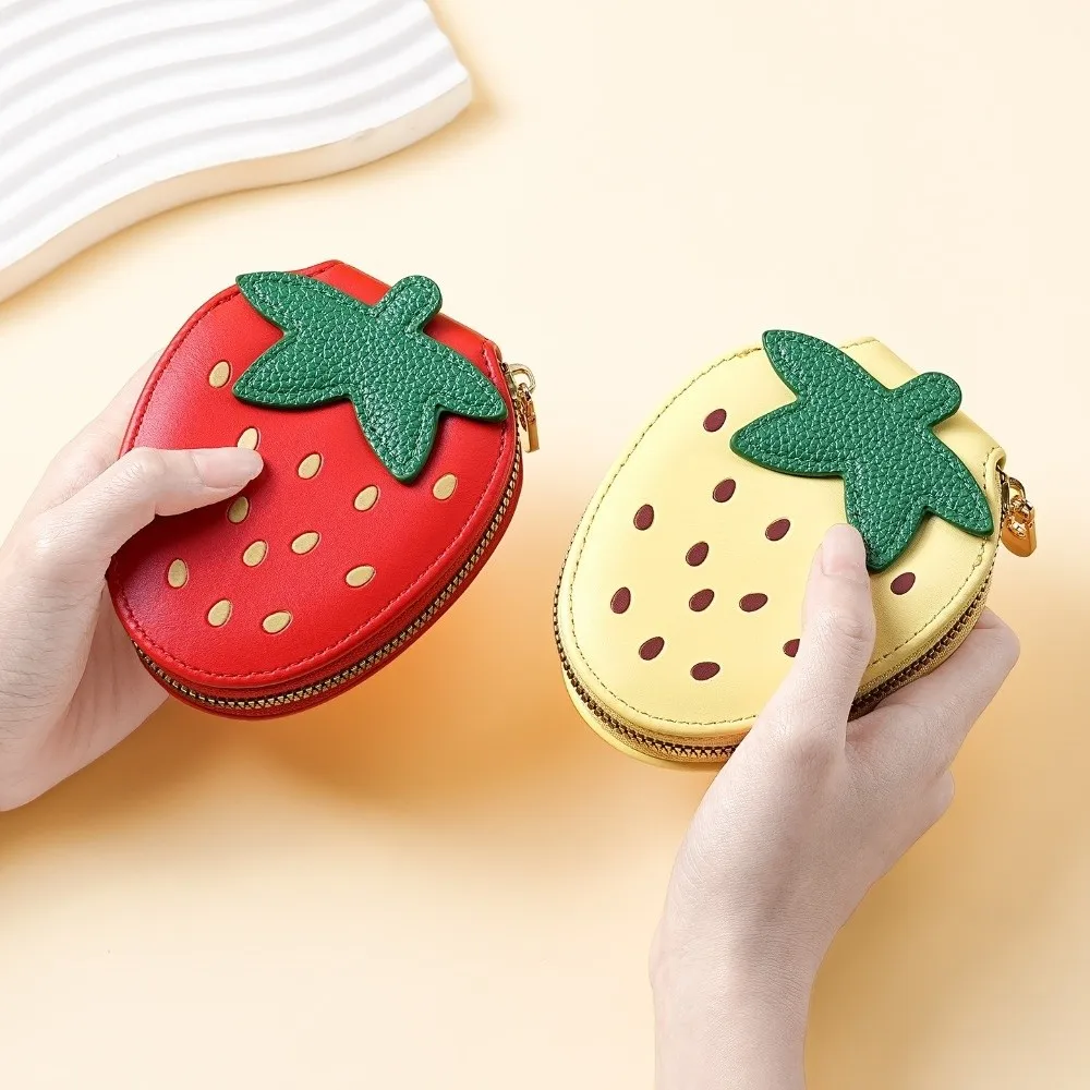 Portable Zipper Strawberry Wallet PU Leather Strawberry Shape Card Holder Large Capacity Coin Purse