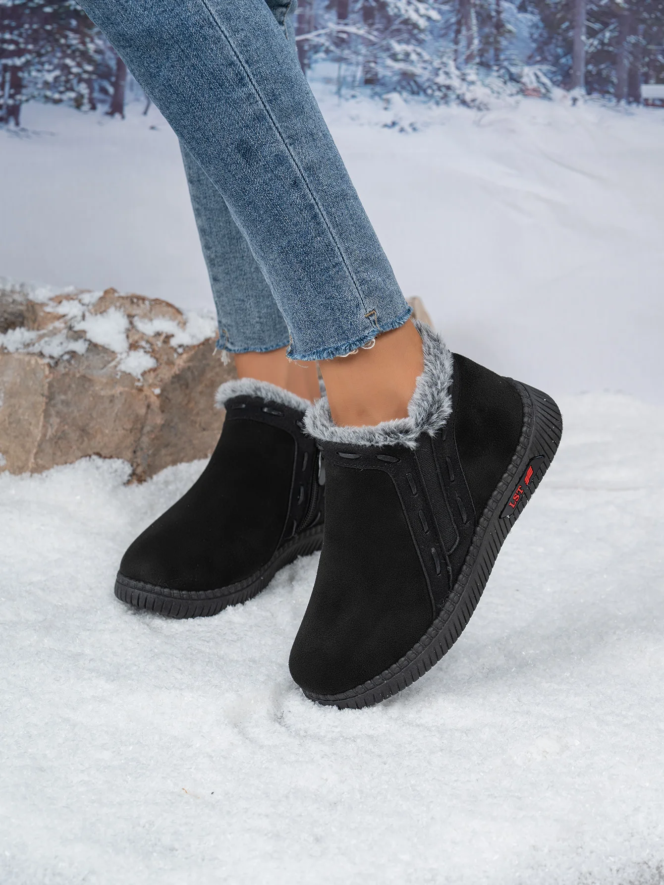 Damen-Winterstiefel Braun Damen-Knöchelstiefel mit seitlichem Reißverschluss, warm gefüttert mit Fleece, rutschfeste flache Schneestiefel für den täglichen Outdoor-Gebrauch. – Detail 18
