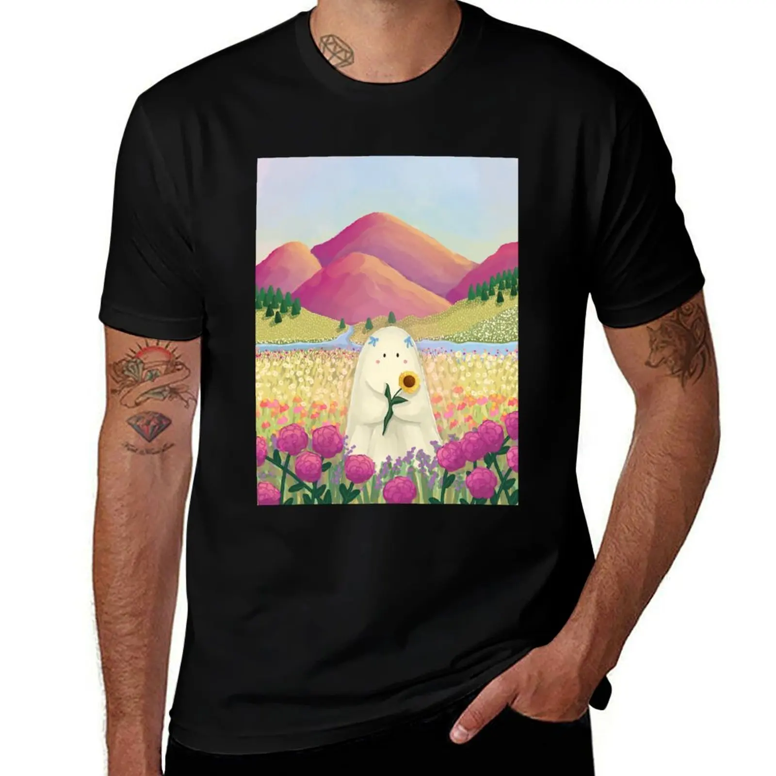 Ghost in Flower Field with Sunflower T-Shirt Urban Style Print T-Shirt