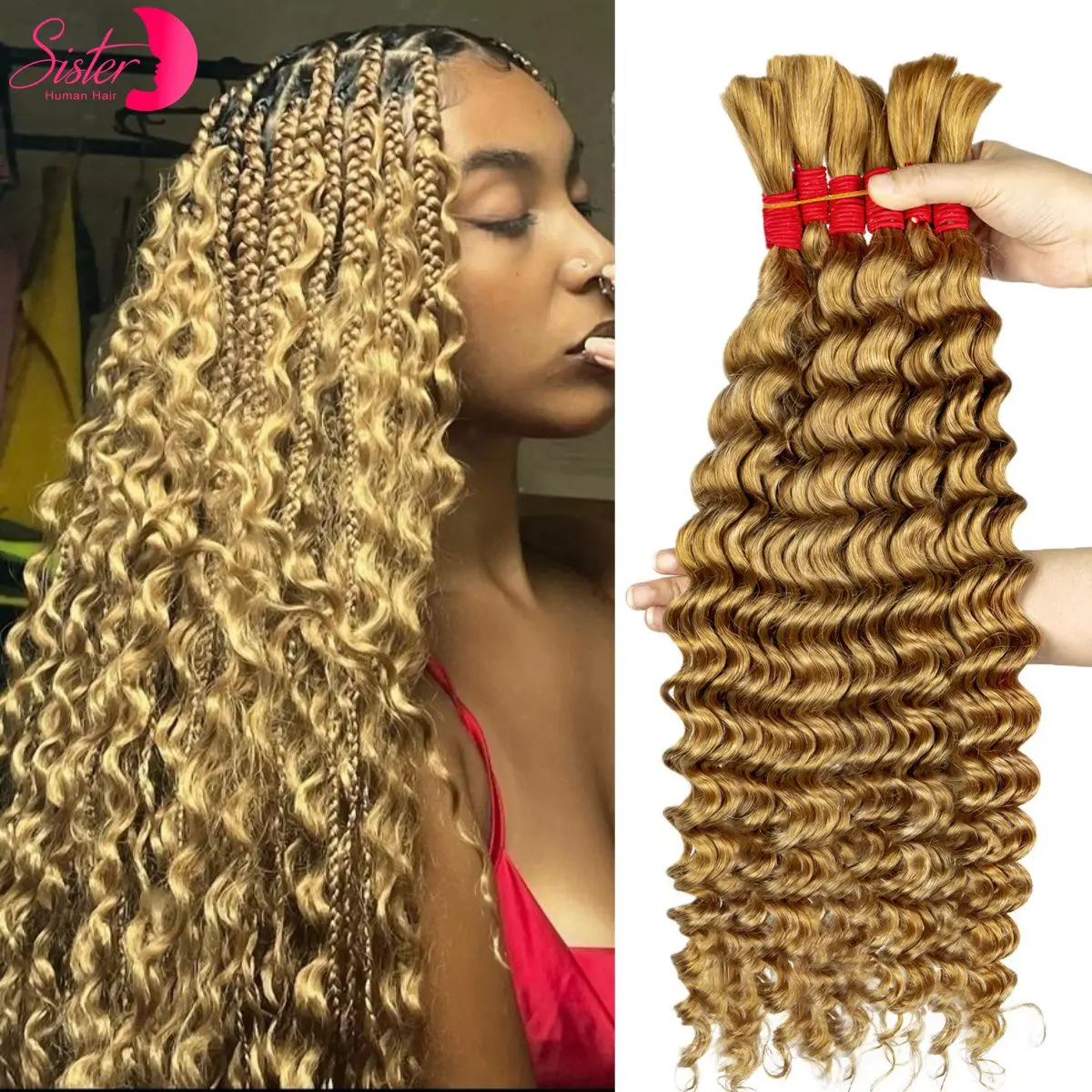 22 24 Zoll tief gewelltes Echthaar für Boho-Zöpfe, kein Schuss, gefärbt, 100 % 12A Echthaar, lockige Bulk-Extensions zum Flechten – Detail 18
