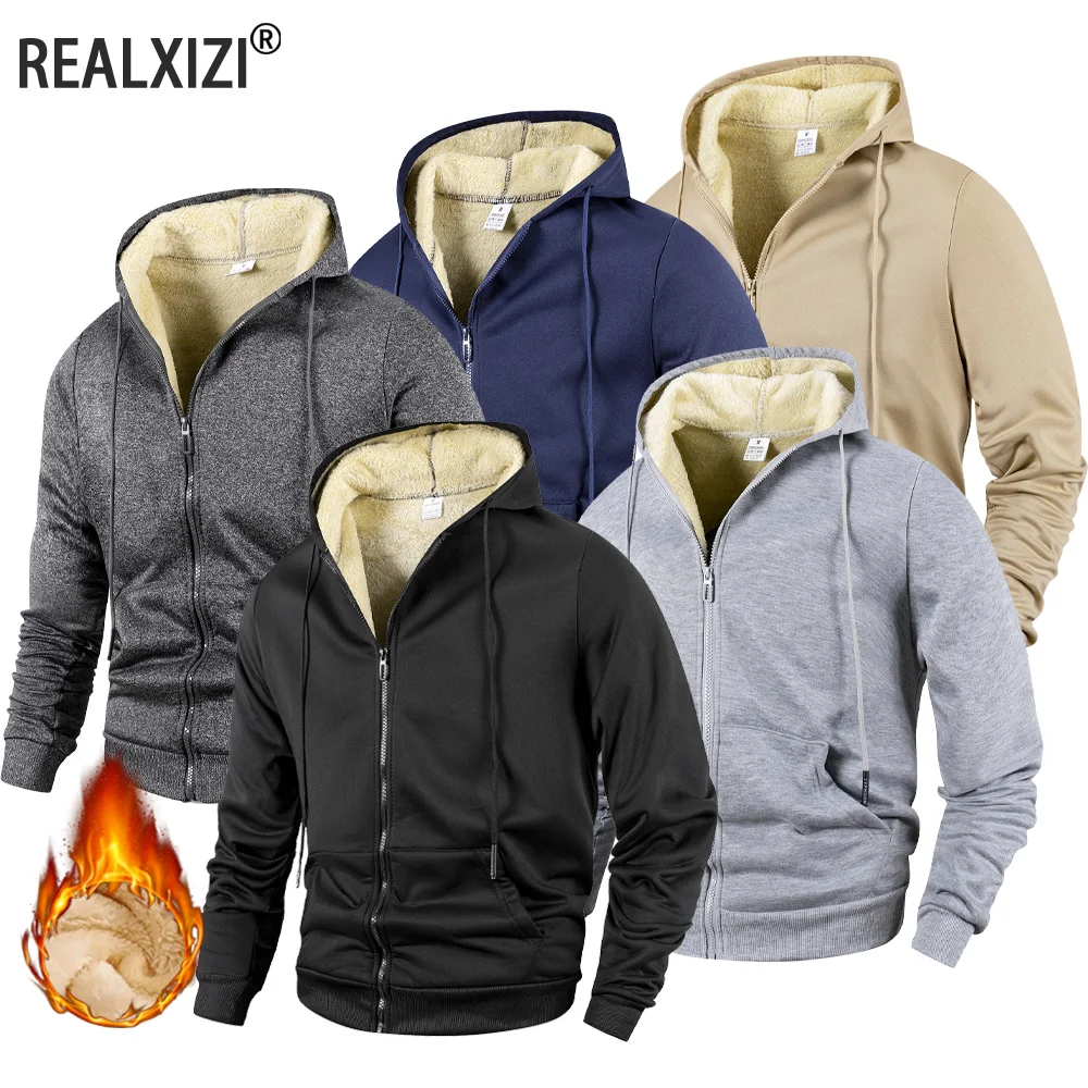 

Men's Lambswool Zipper Hoodies Jackets Winter Outdoor Fleece Lining Warm Windproof Hooded Sweatshirts Men Casual Jackets Coats