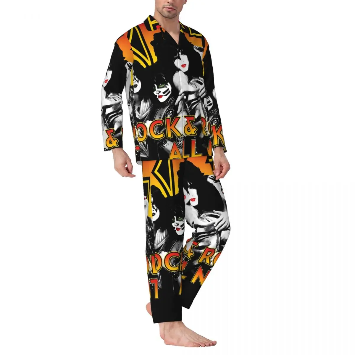 Kiss Band-Conjunto de pijama de 2 piezas para hombre, ropa de dormir informal de manga larga con banda de música Rock, traje de Casa de talla grande 2XL