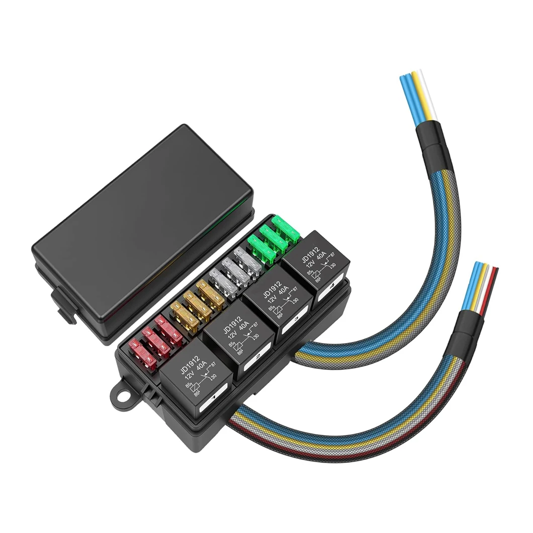 

Релейный блок на 12 каналов с предустановленными водонепроницаемыми реле DC12/24V, 4 реле JD1912 и 12 лезвийных предохранителей ATC/ATO для автомобилей, грузовиков, морского транспорта и лодок