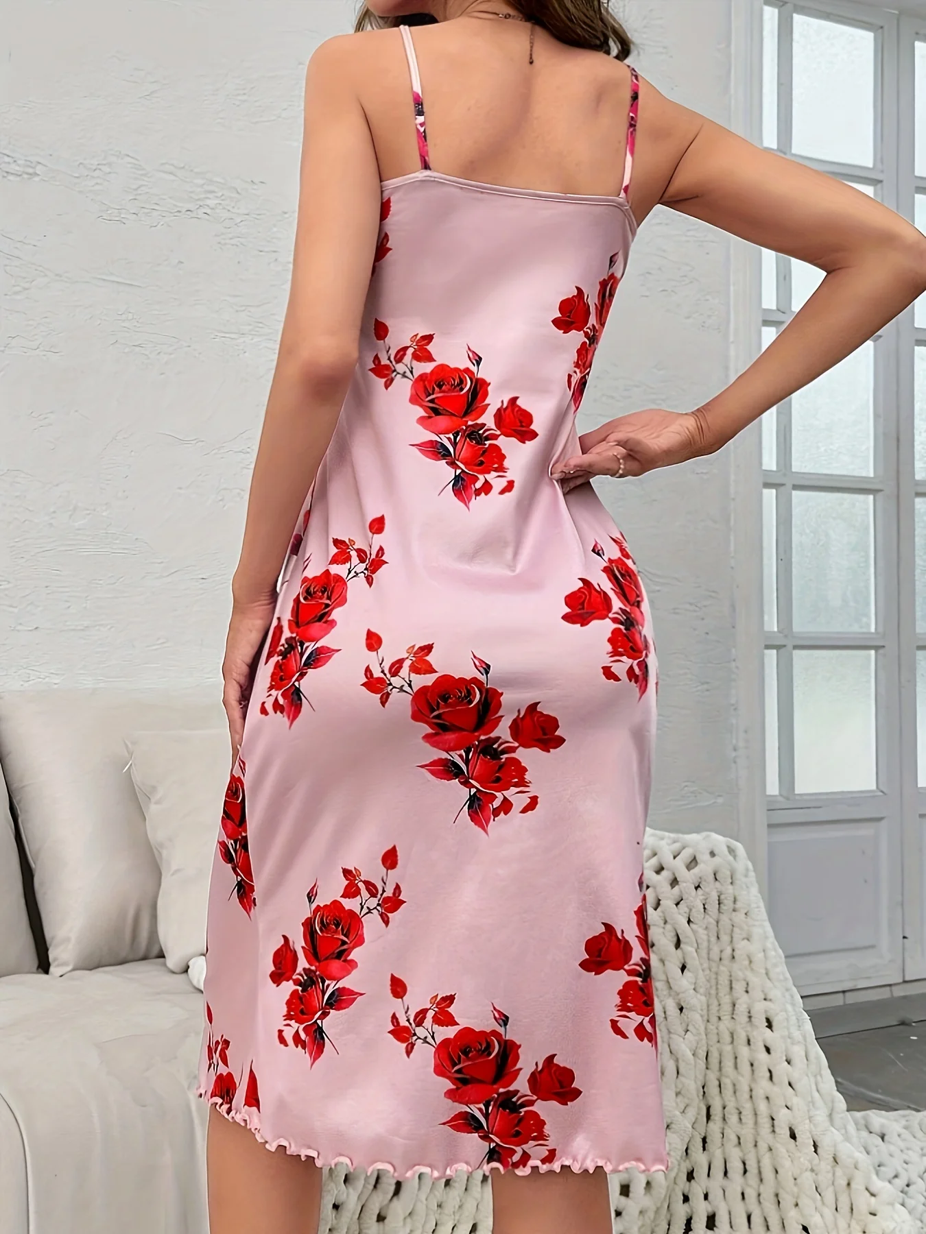 Summer Hot New European and n ladies flower print pink medium and long sexy wooden ear milk silk sling nightgown