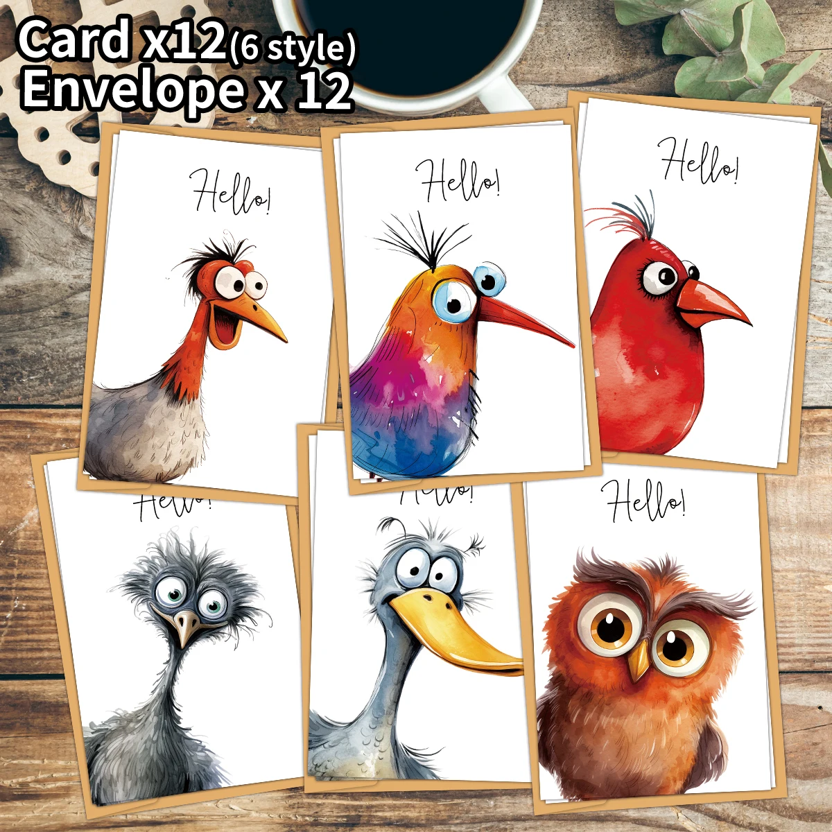 12 lustige Aquarell-Vogel-Hallo-Grußkarten mit Umschlägen, leere Seite für Familie, Freunde, alle Gelegenheiten, Geburtstagswünsche, Geschenke