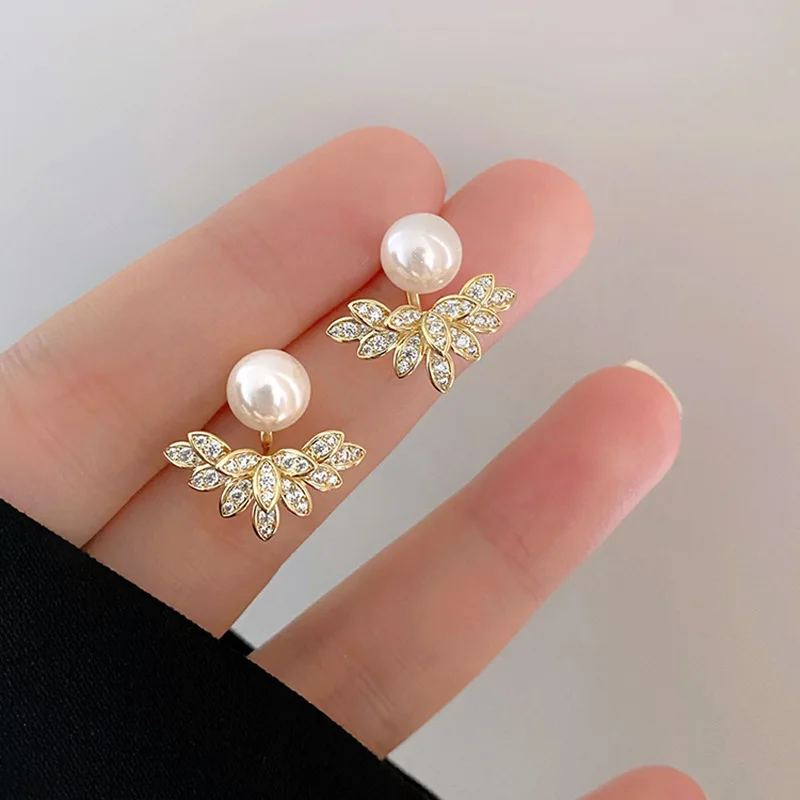 925 Silver Needle Back Hanging Crystal Petal Earrings For Women Korean Jewelry 2024 Trending New Luxury Pearl Stud Earrings Gift