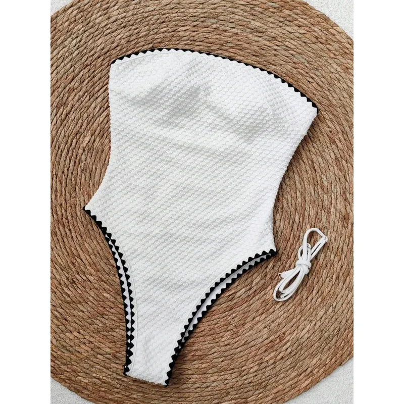 Sexy Bandeau One Piece Swimsuit Women White Patchwork Push Up Padded Slim Tummy Control Swimwear 2026 Beach Holiday Bathing Suit