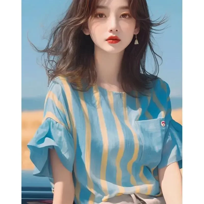 

Women Striped Blouse With Puff Sleeve And Pocket Loose Fit O Neck Summer Casual Chiffon Top