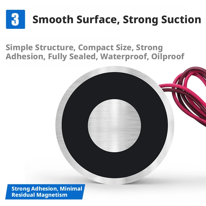 Round DC Electromagnet Holding Pad, 5/6/12/24V, 0.8–6000kg, M3–M20 Thread, Copper Coil, Zero Residual
