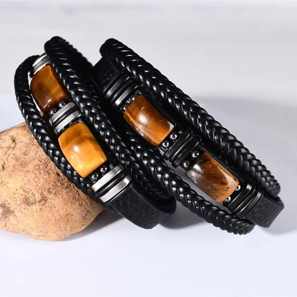 Men's Bracelet Multi-Layer Tiger Eye Stone Bracelet Braided Retro Leather Bracelet Handmade Adjustabl Beaded Bracelet Men