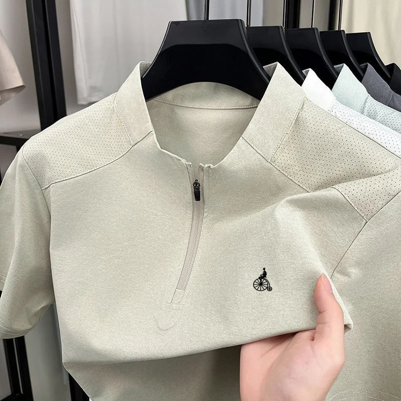 2025 summer new men's stand-up collar zipper Polo shirt South Korea short sleeve leisure business fashion slim men's golf shirt