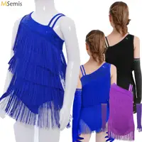 Vestido de leotardo de baile latino con borlas para niñas, mono con flecos + guantes, trajes para Tango Cha-Cha, patinaje de Salsa, actuación de salón