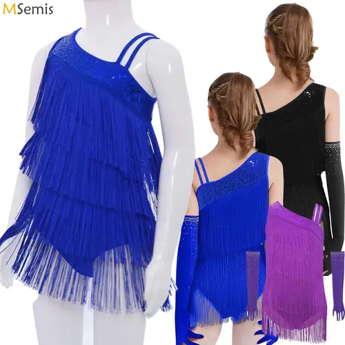 Vestido de leotardo de baile latino con borlas para niñas, mono con flecos + guantes, trajes para Tango Cha-Cha, patinaje de Salsa, actuación de salón