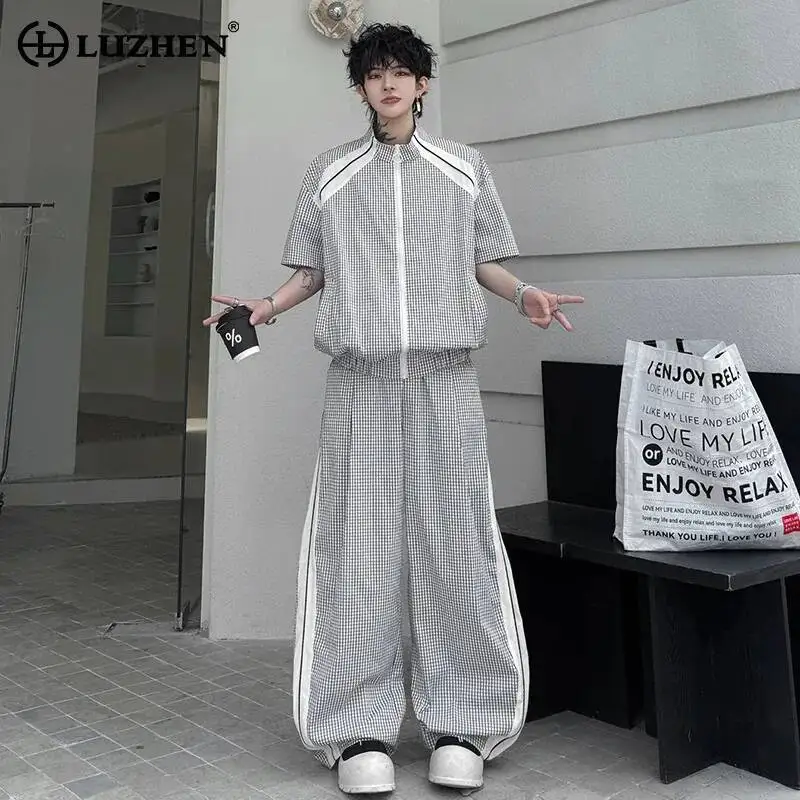 

LUZHEN 2026 Summer Color Contrast Design Plaid Printed Short Sleeve Zipper Shirts Men's Loose Casual Pants Two-piece Sets JY6922