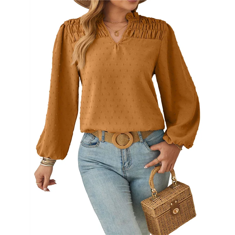 

AG-V Neck Long Sleeve Tops For Women Dressy Casual Blouse Pom Pom Shirt Flowy Spring Fashion