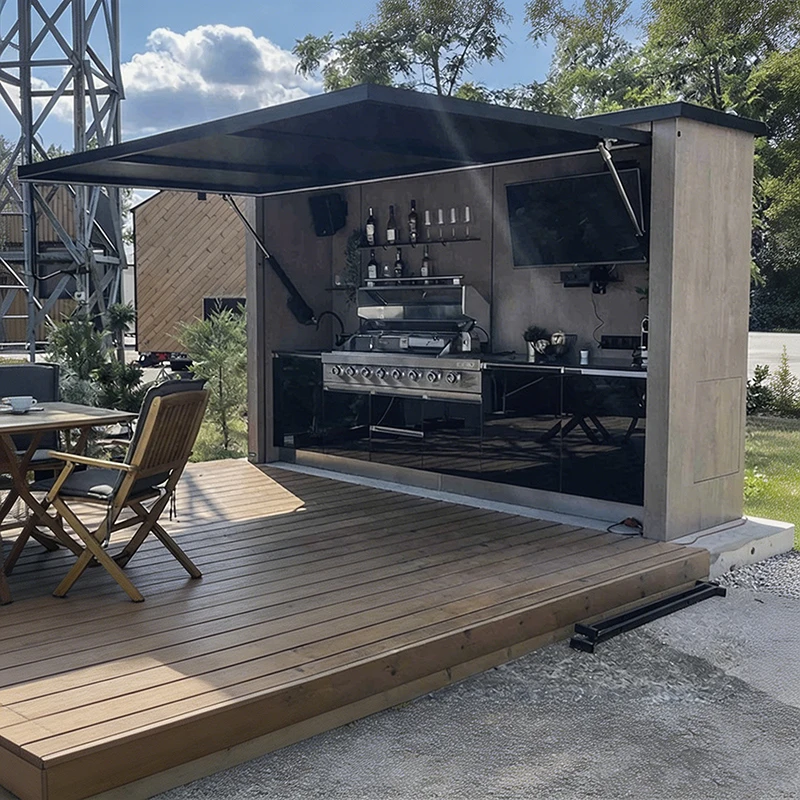 Luxury Modular Outdoor Kitchen Built in Gas Grill Sink Refrigerator Foldable Mobile BBQ Island Cabinet for Patio Garden Party