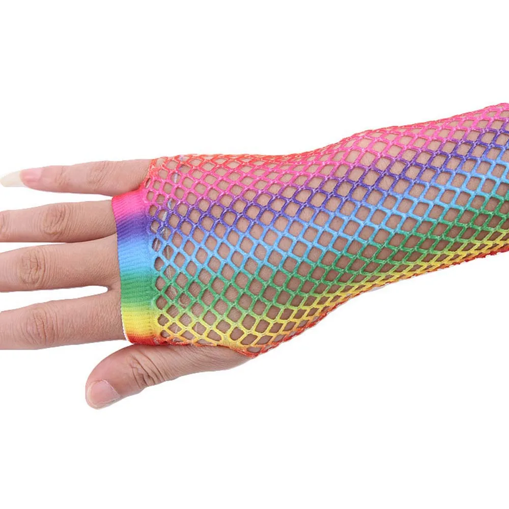 Koreaanse Elasticiteit Voor Vrouwen Korte Halve Vinger Lange Half Vinger Party Arm Mouwen Visnet Handschoenen Regenboog Kleur Handschoenen Nylon