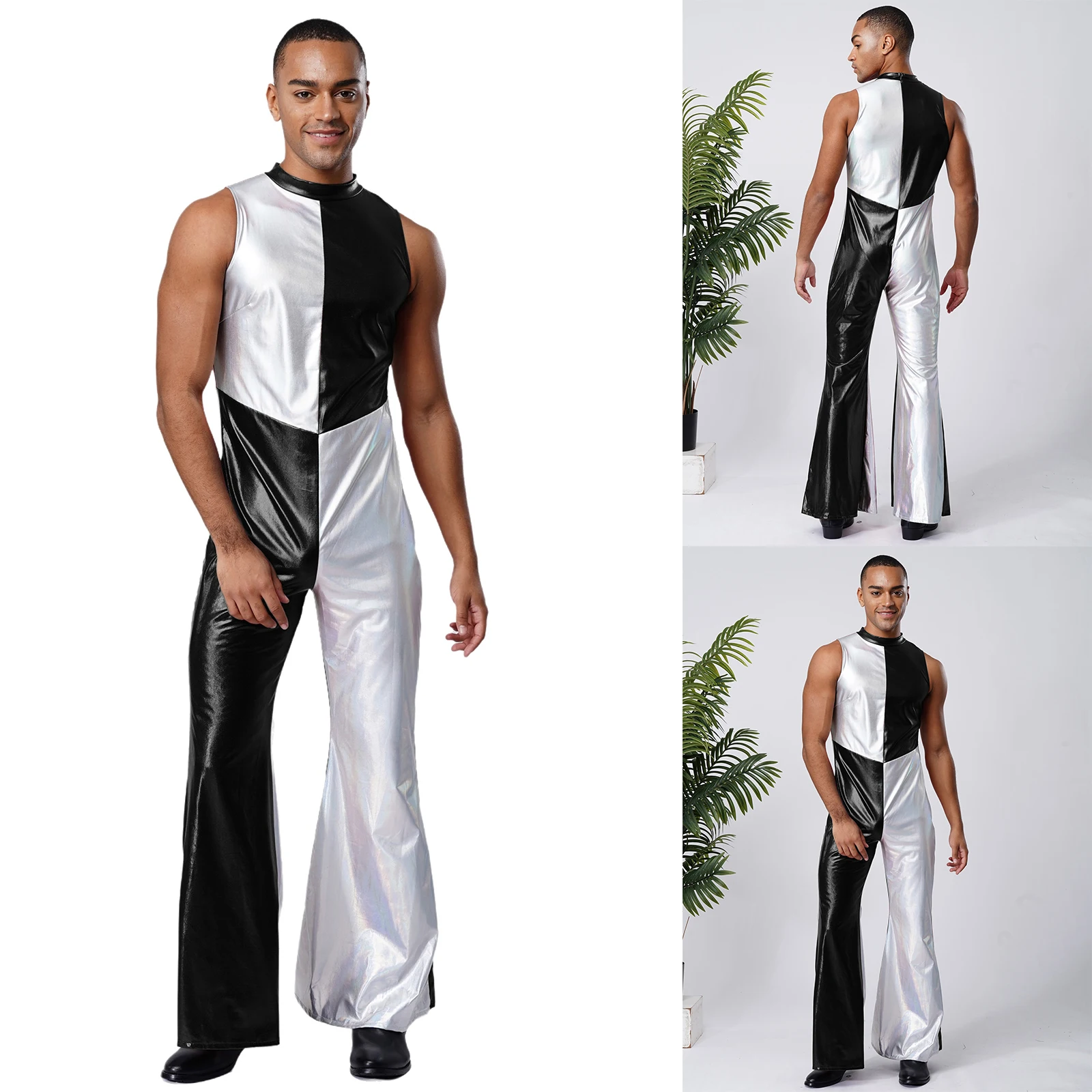 남성용 반짝이는 패션 패치워크 점프수트 빈티지 히피 70년대 디스코 파티 재즈 탱고 클럽 댄스 공연용 바디수트