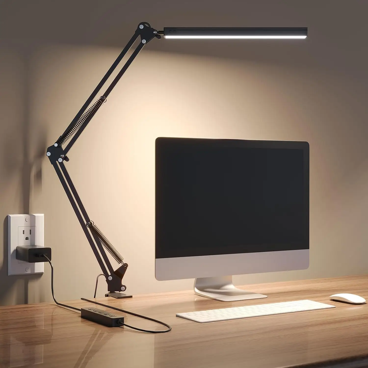 LED Foldable Clamp Desk Lamp 3 Color Modes 10 Brightness Levels Adjustable Eye Caring Light Long Arm Swing Lamp for Home Office