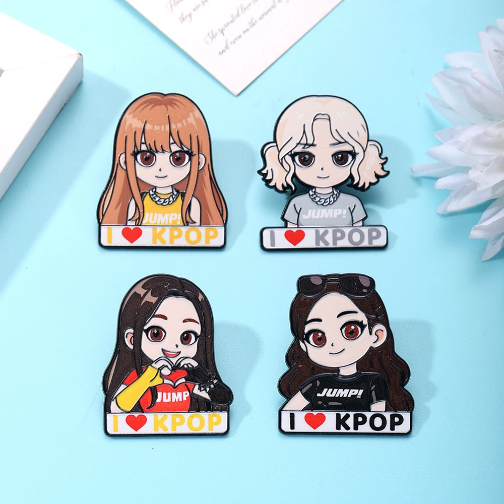 4pcs Kpop Girls Group Fashion Enamel Pins Set Anime Brooches Lapel Pin Badges for Backpack And Clothes Accessory Fashion Jewelry