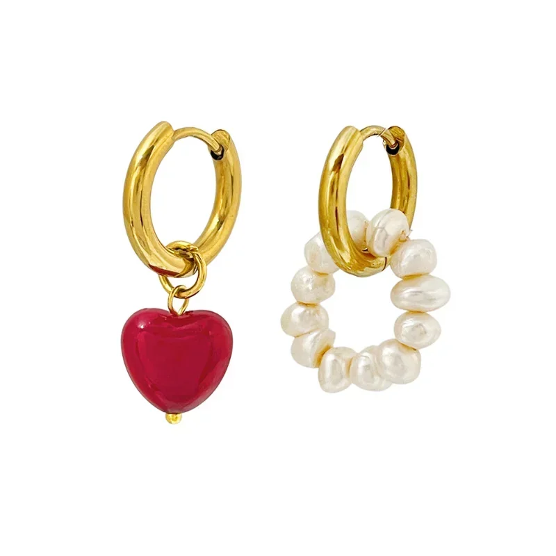 

Minar Cute Romantic Gold Stainless Steel Red Heart Freshwater Pearl Asymmetry Hoop Earrings For Women Non Tarnish Jewelry