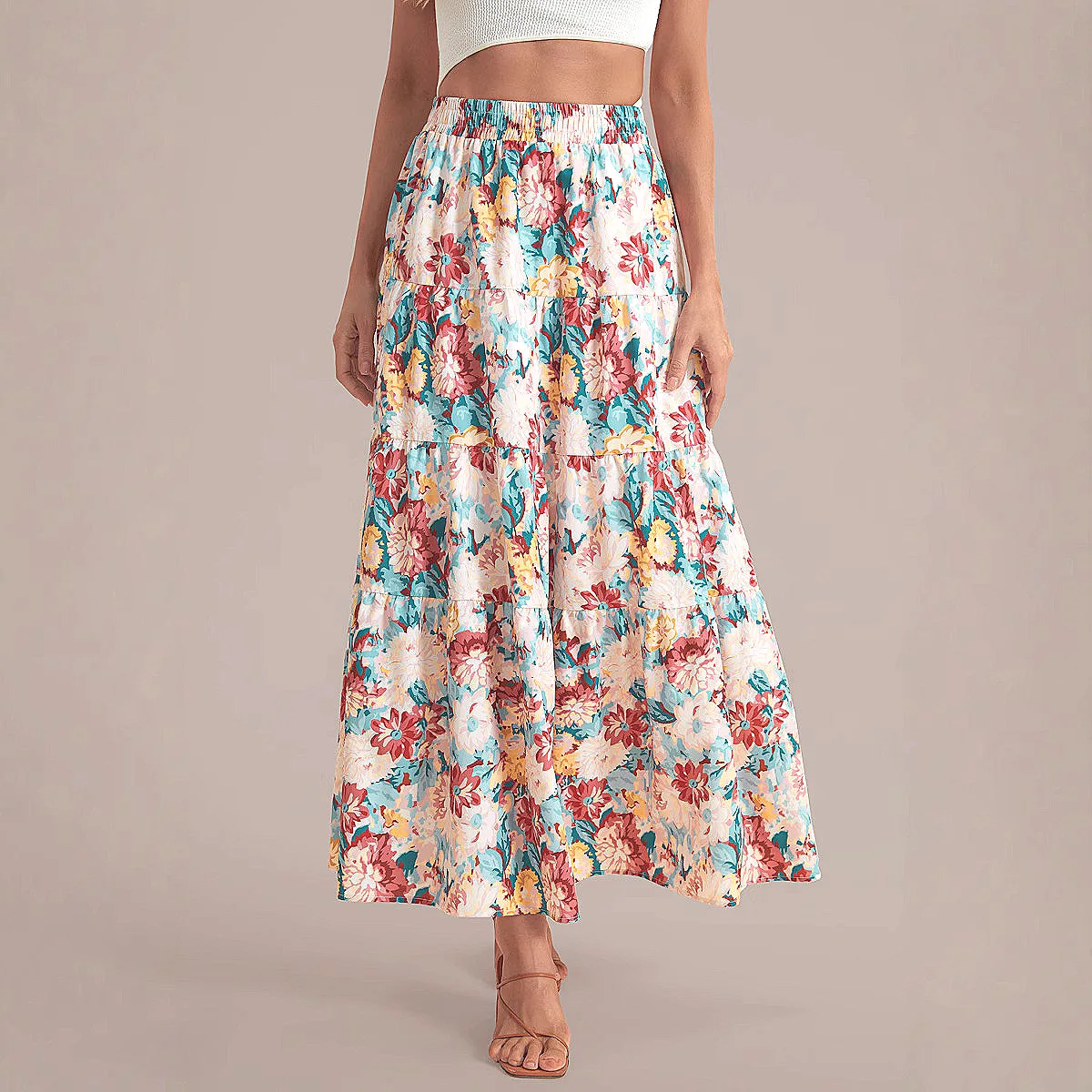 

New floral skirt casual printing high waist skirt women's fashion simple elegant temperament high-end holiday style evening dres