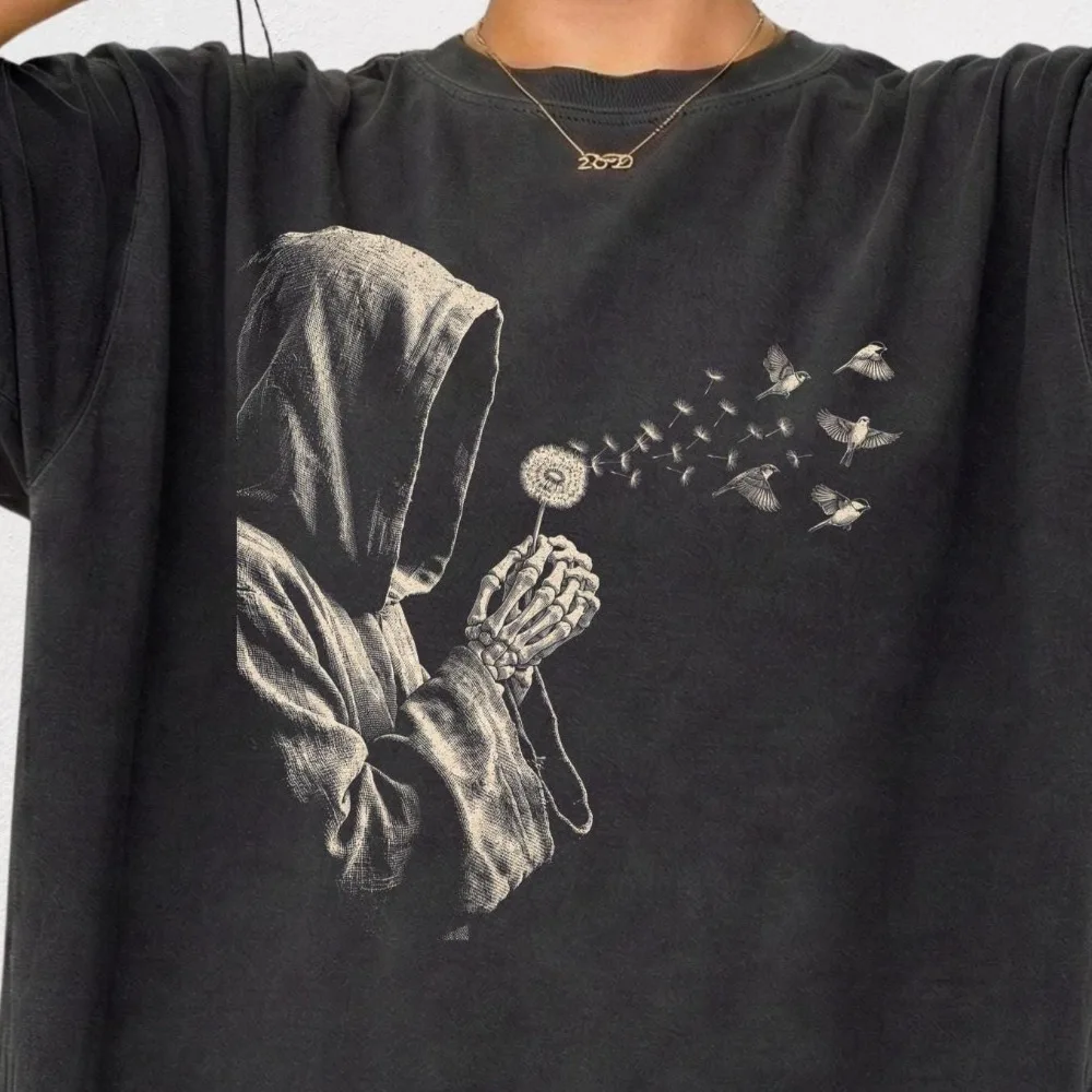 Grim Reaper Dandelion T Shirt Gothic Cottagecore Tee Women Spooky Season Halloween Gift Dark Academia Skeleton Birthday Present