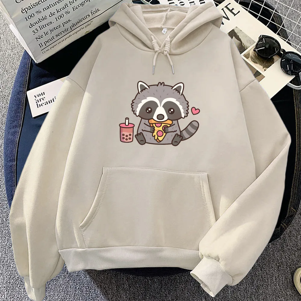 Cute Raccoon Eating Bubble Milk Tea and Pizza Hoodies Kawaii Cartoon Women Sweatshirts Aesthetic Moletom Sudaderas Girls Hoody