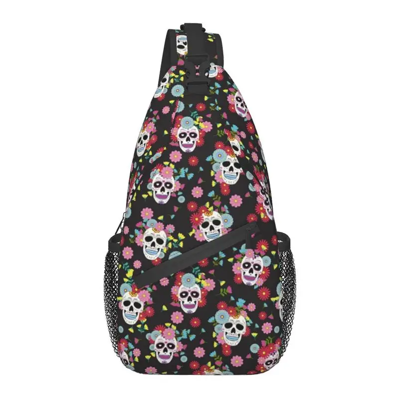 

Cool Day Of The Dead Sugar Skull Pattern Crossbody Sling Backpack Men Cute Mexican Floral Shoulder Chest Bags for Camping Biking