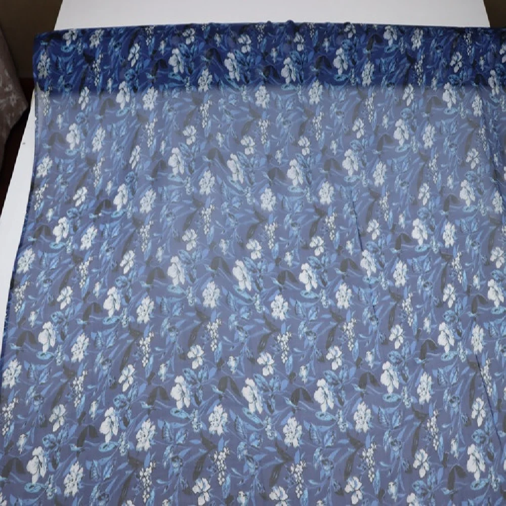 Smooth Good Texture Woven 100% Pure Silk Chiffon Fabricn Navy Color White Flowers for Women Dresses Pants Saree