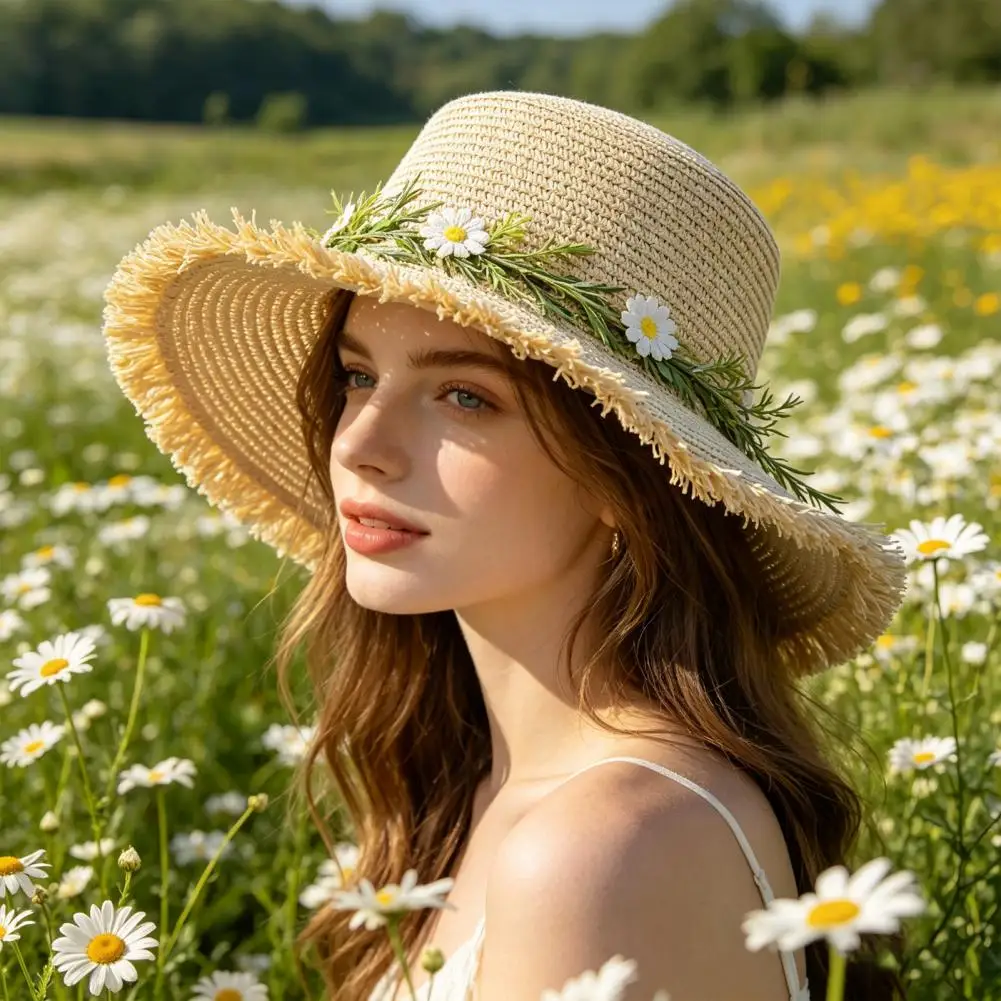 Sonnenhut mit breiter Krempe, schlappiger Strohhut mit Chrysanthemen-Girlande – atmungsaktive, leichte Sommer-Strand-Reisekappe für Damen