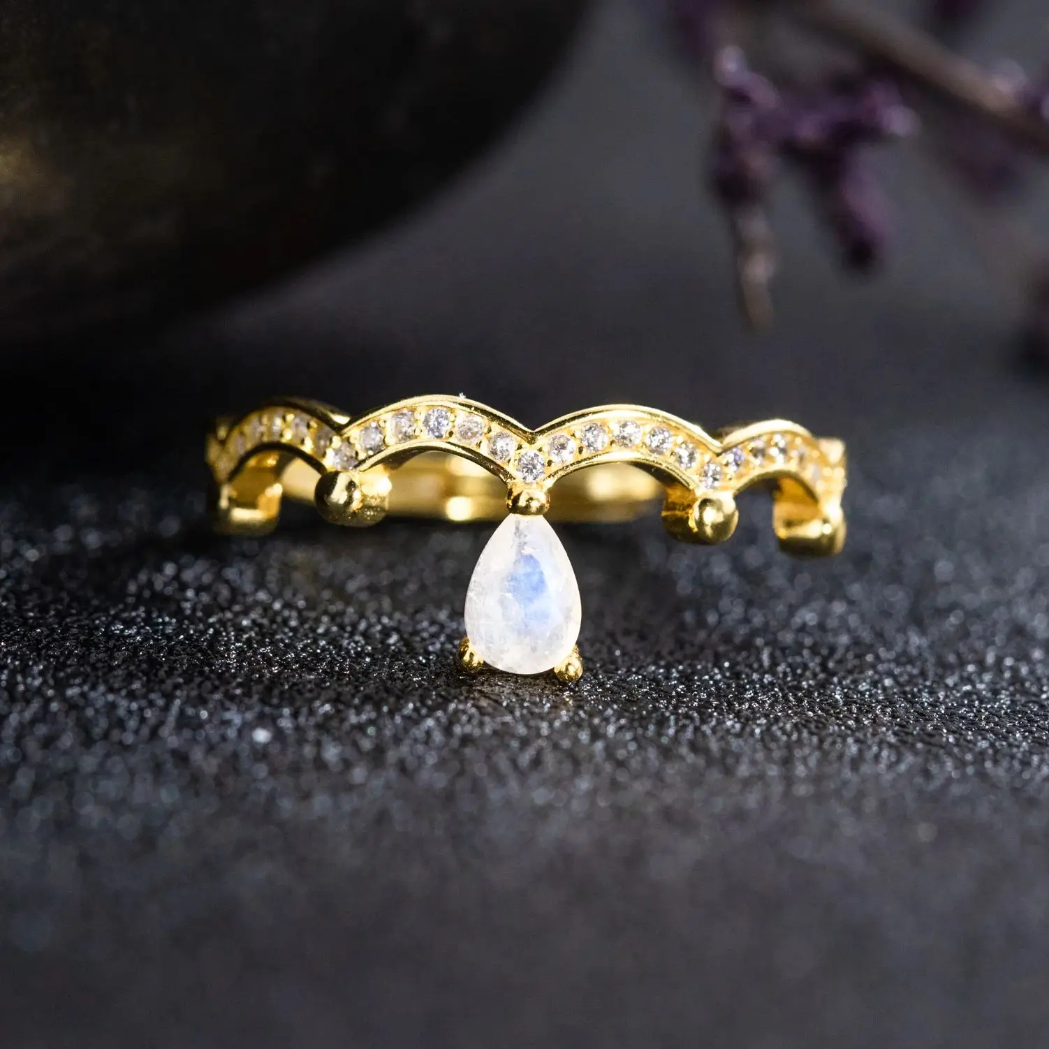 

Обручальное кольцо из натурального лунного камня грушевидной огранки, изящное изогнутое кольцо с цирконом, уникальные кольца для женщин, регулируемые кольца