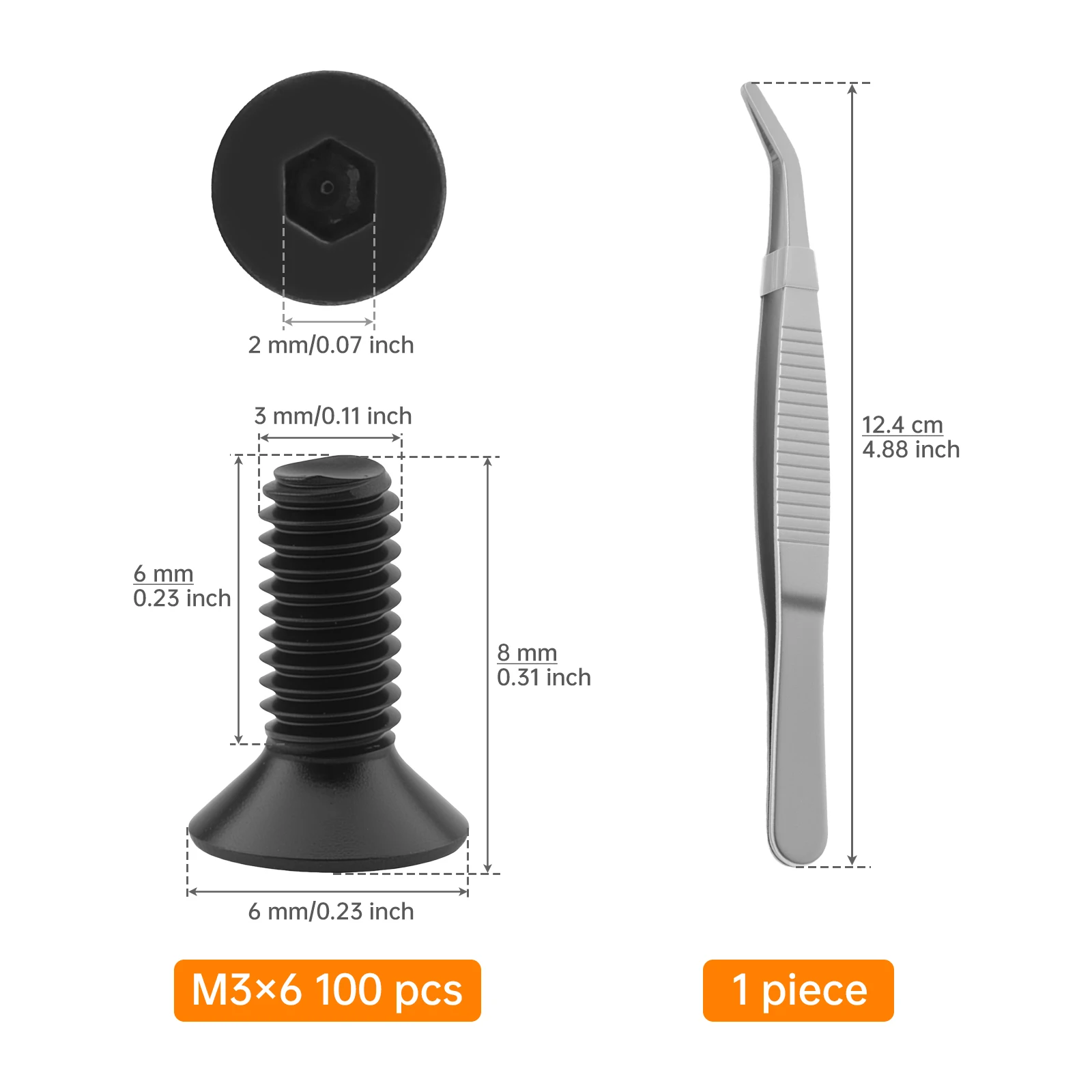 100Pcs Hexagon Hex Socket Head Flat Countersunk Bolt Screw Stainless Steel M3 x 8mm Hex Socket Bolts Screws Allen Wrench Tweezer