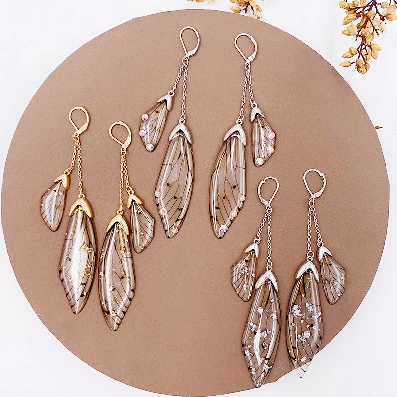 Fairy Resin Butterfly Earrings for Women Shining Crystal Flake Double Wing Long Drop Earrings Ladies Wedding Party Jewelry 2024