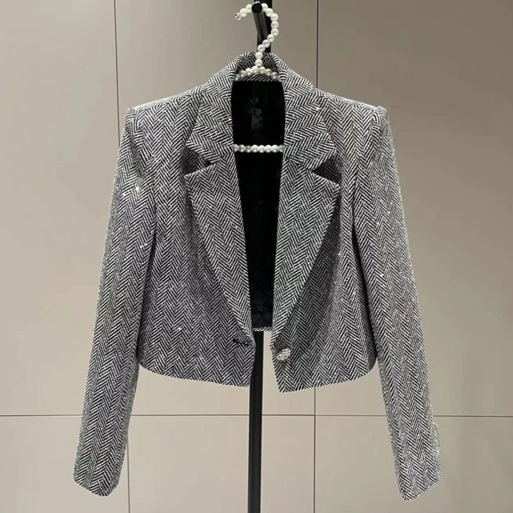 Luxury Tweed Woolen Sequined Striped Suits Jacket Spring Gray Beading Blazer Coat Long Sleeved OL Turn Down Collar Cardigan Tops