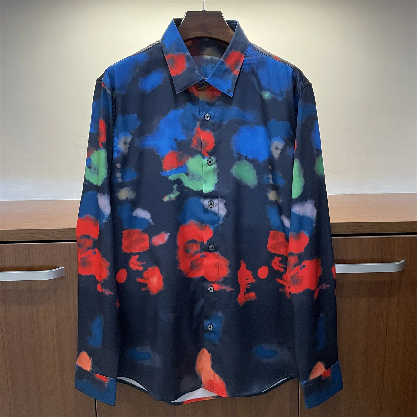 

Spring Autumn Europe Style Runways Men's High Quality Designer Print 50%Silk Shirt Tops B977