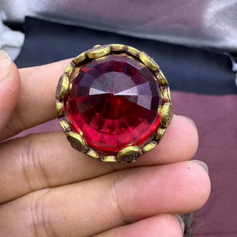 Adjustable Open Ring with 20mm Pagoda Flame Setting, Lab Created Red Corundum, Mohs Hardness 9 Premium Unisex Fashion Statement