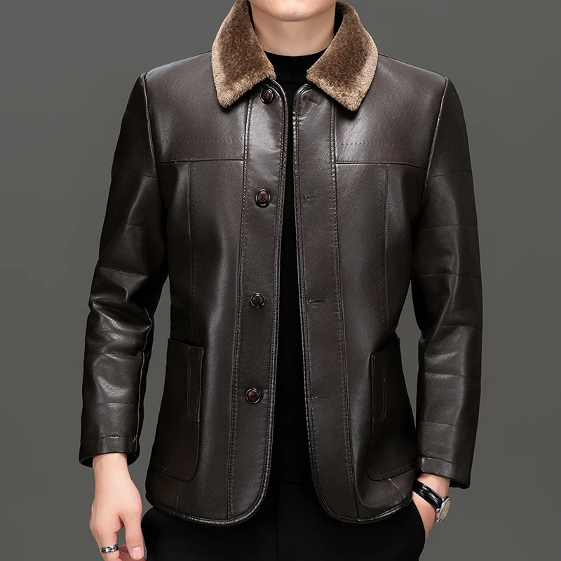 Winter Men PU Leather Jacket Soft Fleece Lining Thermal Coat Bussiness Casual Thermal Faux Leather Outerwear Effortless Menswear