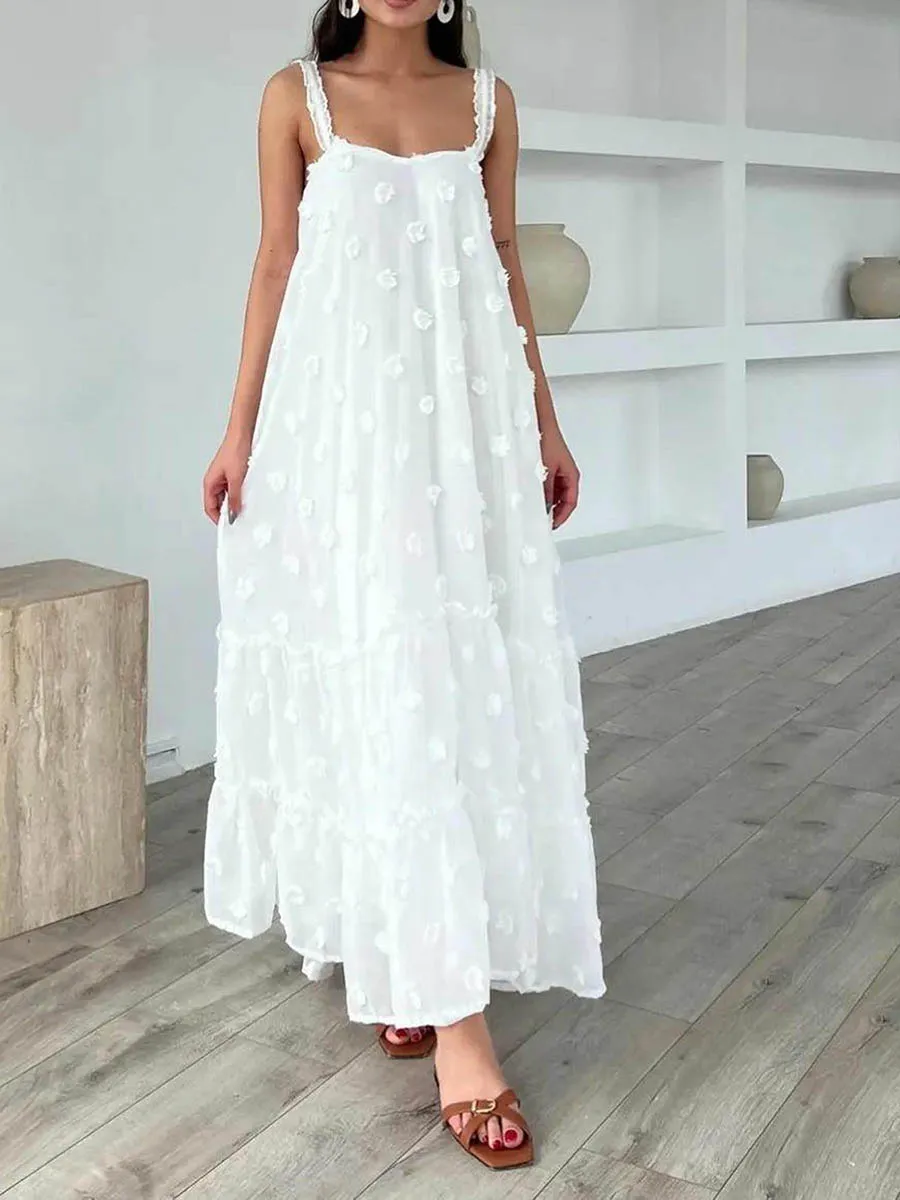 Women Beach Long Cami Dress Summer 3D Flower Sleeveless Frill Tiered Flowy A-Line Dresses for Vacation Party Boho Loose Sundress