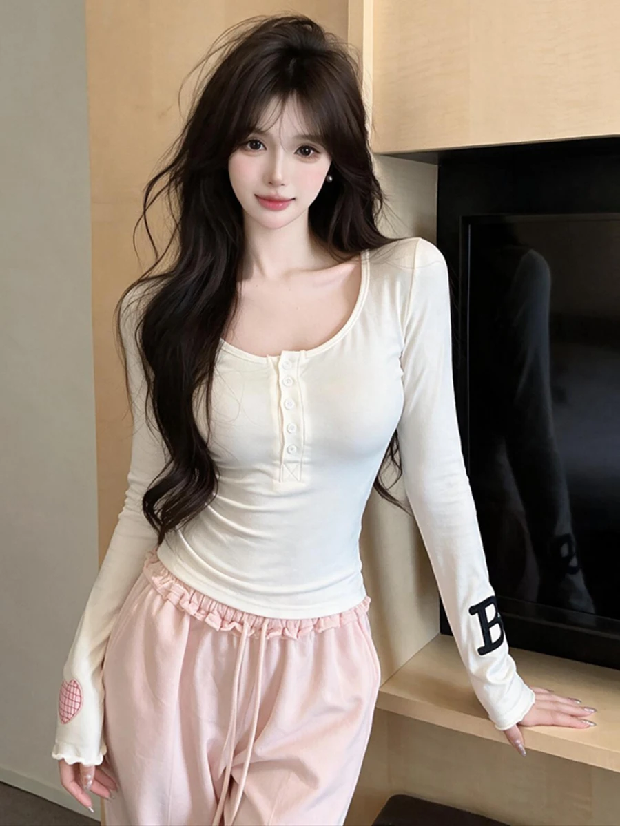 Slim Fit Long Sleeve U-Neck T-Shirt Korean Style Casual Versatile Breathable Casual Fashion Sexy Show Clavicle Autumn Top