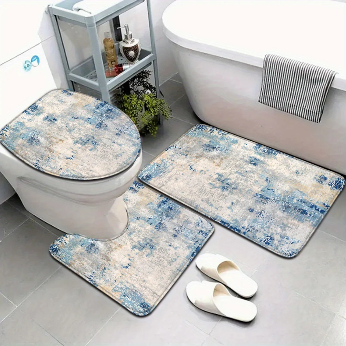 

3 шт., набор ковриков для ванной комнаты с синим узором тай-дай, чехол на сиденье унитаза, U-образный коврик для ног