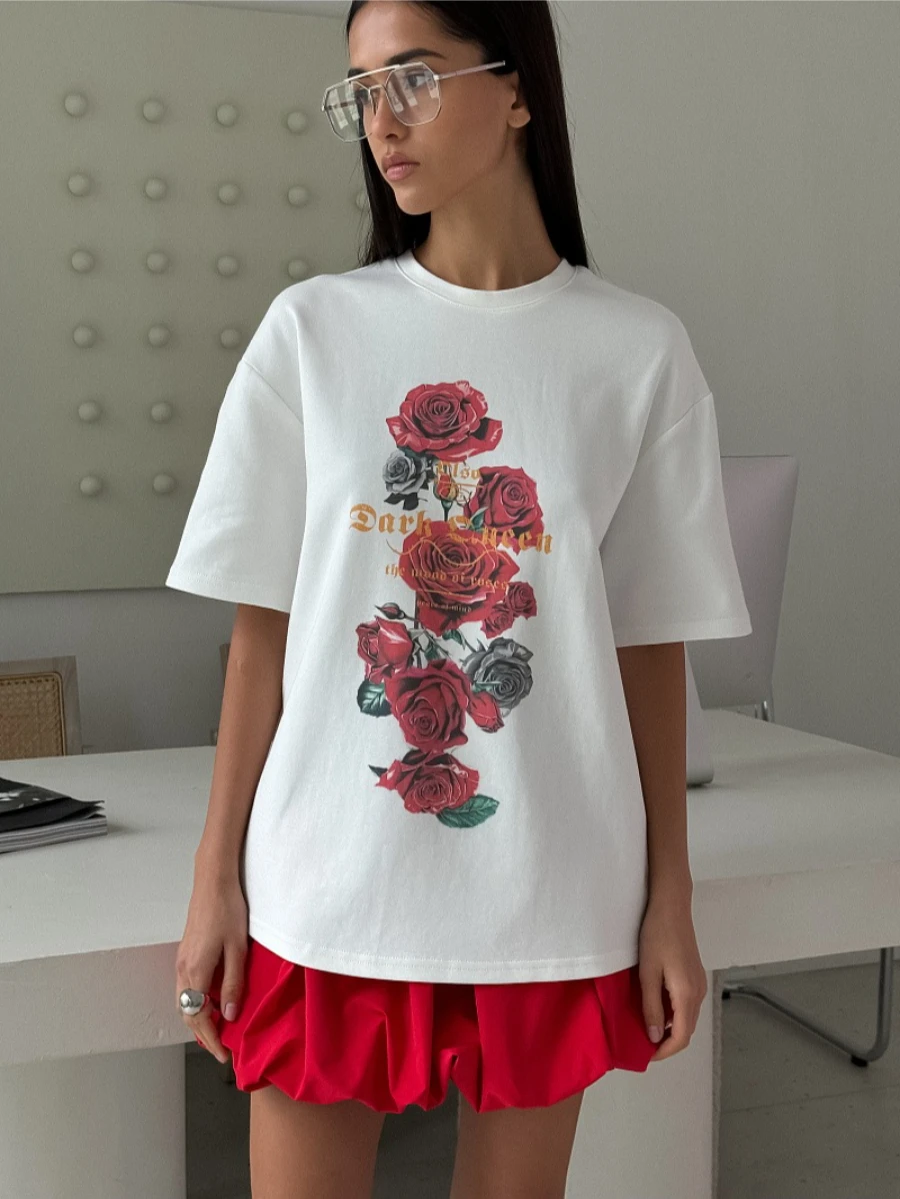 100% 코튼 여름 신상 꽃무늬 프린트 티셔츠 여성 패션 O넥 루즈핏 반팔 캐주얼 탑 티