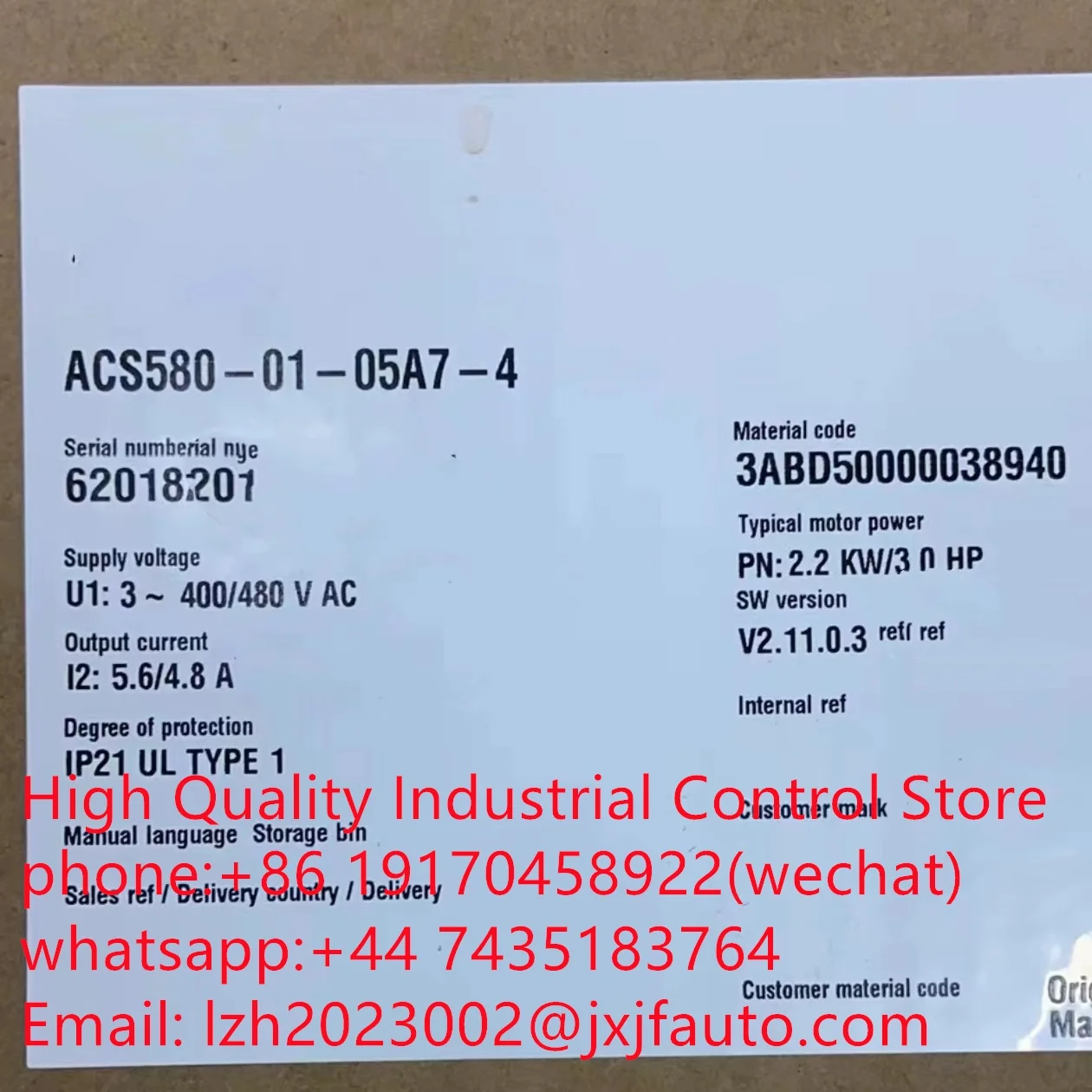 ACS580 series VFD，ACS580-01-05A7-4，order  number 3ABD50000038940