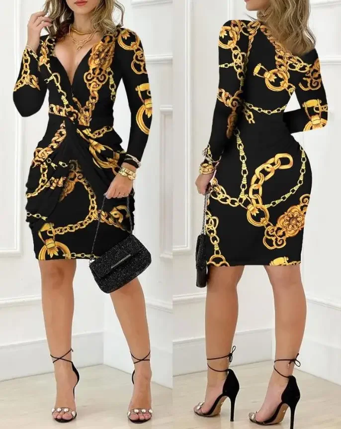 

Elegant and Pretty Women's Dresses 2024 Fashion Sexy Deep V-Neck Baroque Chain Print Twist Detail Party Dress Female Clothing