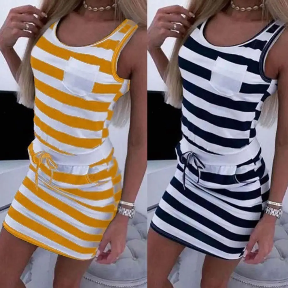 2024 estate donna senza maniche Casual magliette a righe vestito femminile Sexy tunica vita abiti estate spiaggia Vestido Pullover quotidiano