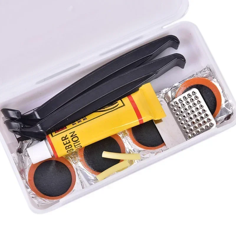 Kit de Reparo de Pneu Furado para Bicicleta, Conjunto de Ferramentas Portátil com Remendos de Borracha e Cola para Reparo de Pneus de Bicicleta