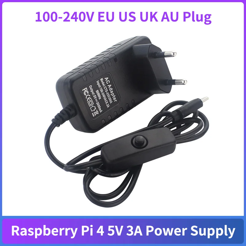 

Raspberry Pi 4 Power Adapter USB Type C 5V 3A with ON/OFF Switch Power Supply 100-240V EU US UK AU Plug for Orange Pi 3 4 LTS