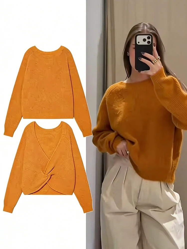 

Women New Loose Women Backless Solid Knitted Sweaters Retro Long Sleeve Back Knot Causal Pullover Tops Sweet Lady Knitwear