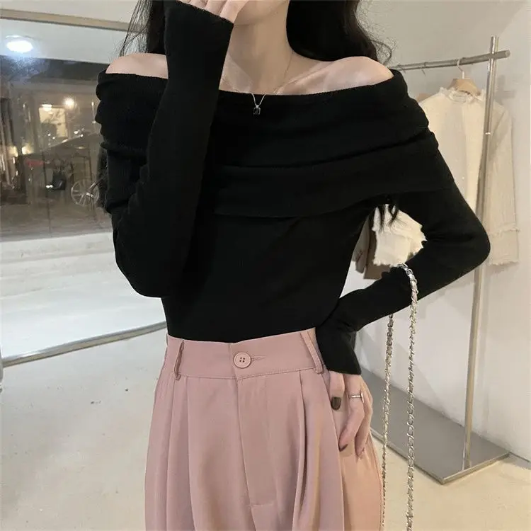 Autumn Winter Strapless Long Sleeve Bottom Shirt T-Shirt Women Gentle Wind Tight Inner One-Shoulder Knitted Sweater Sexy